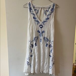 NWT Free People White Dress with Blue Embroidery